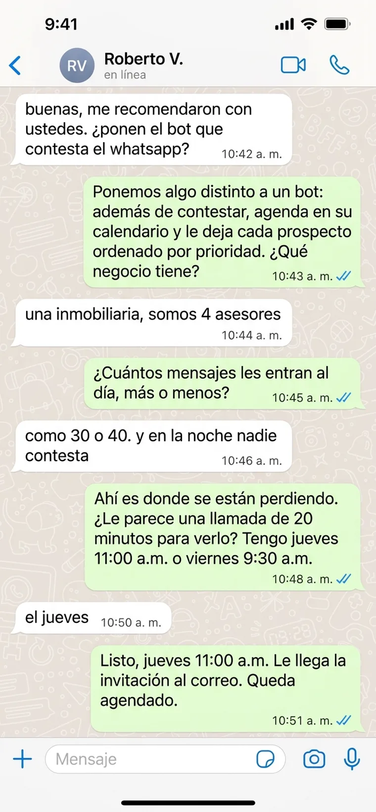 WhatsApp conversation: the agent explains it is not a bot, asks about the business and message volume, and books a call for Thursday at 11:00 a.m.
